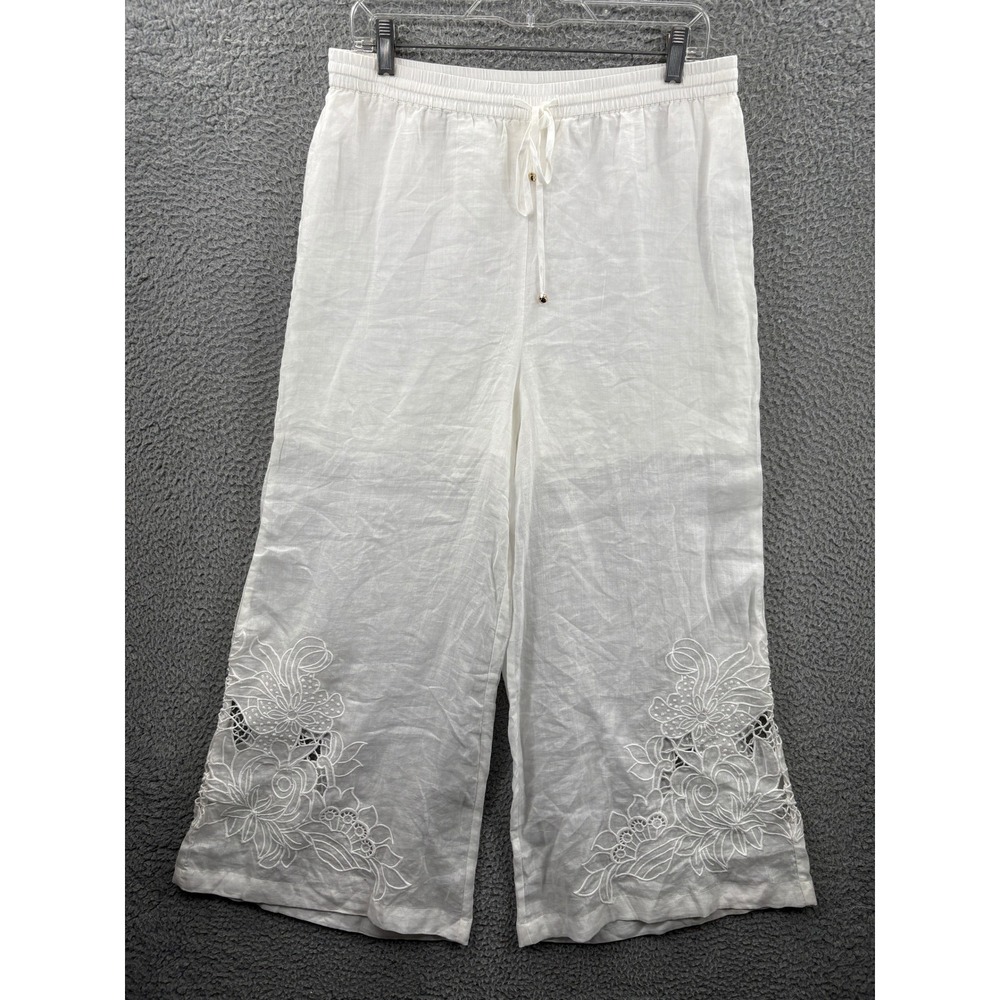 Johnny Was Jade Pants Womens Medium White Ramie Floral Embroidered Eyelet